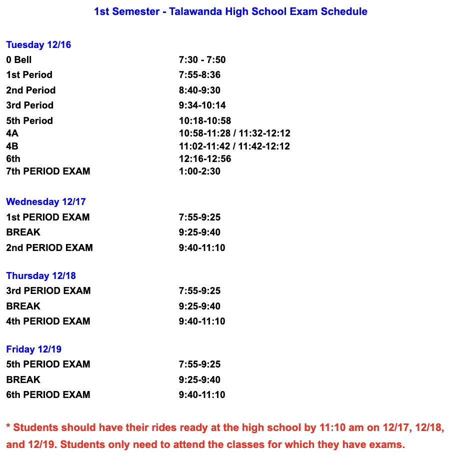 1st Semester Exam Schedule